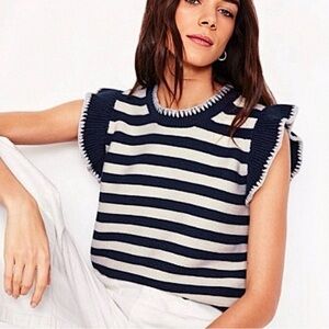Boden Lena Navy & Cream Striped Stitch Detail Tank
